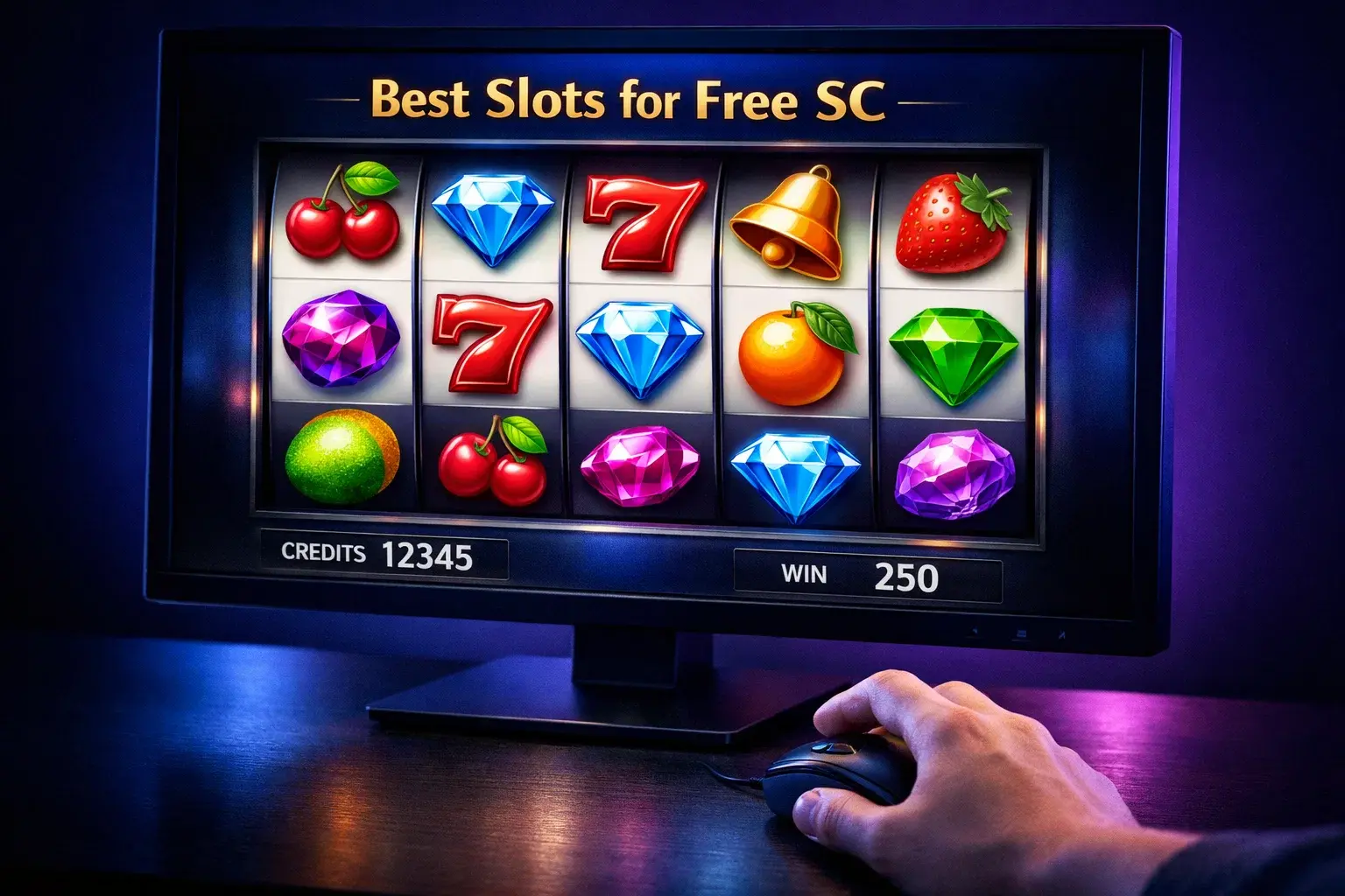 Colorful slot game reels spinning on a monitor at a sweepstakes casino