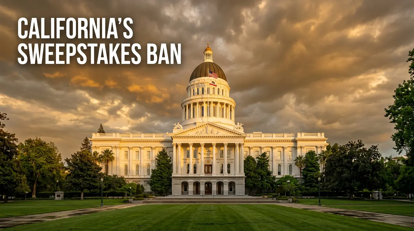 California state capitol building under a dramatic sky representing the AB 831 sweepstakes casino ban