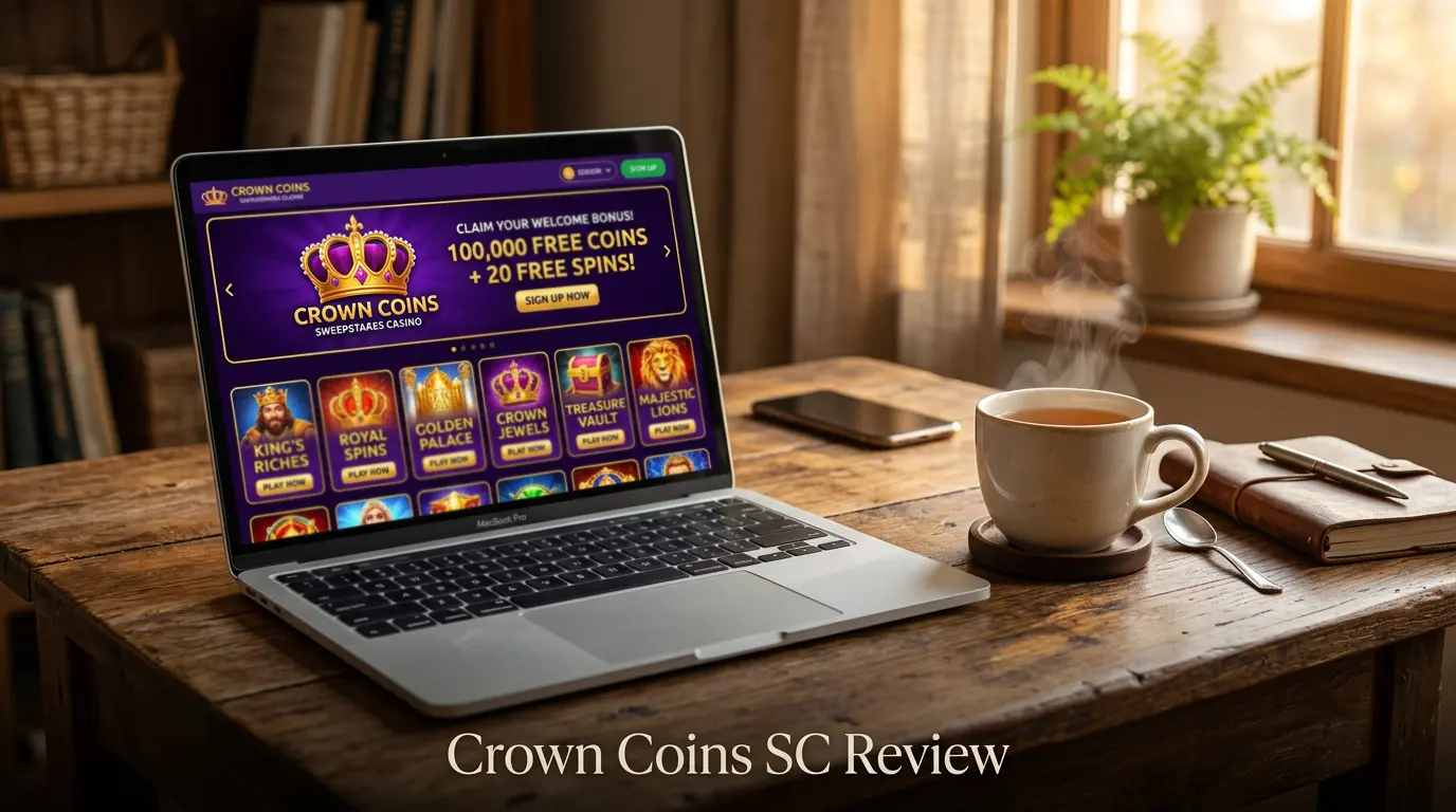 Crown Coins Casino bonus offer and game lobby displayed on a laptop screen