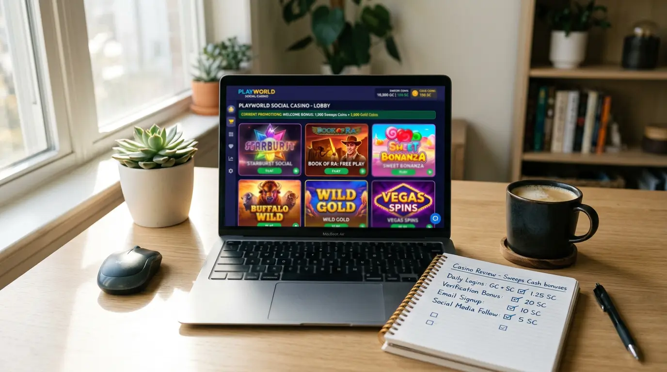 Free SC casino no deposit bonus offers lined up on a desk with sweepstakes platform screens and verified test results