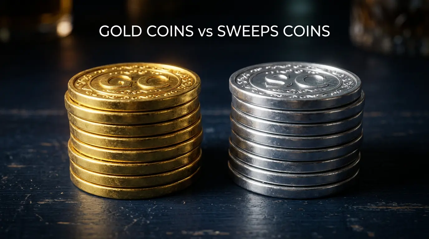 Two stacks of coins — gold coins and silver sweeps coins — side by side on a dark surface