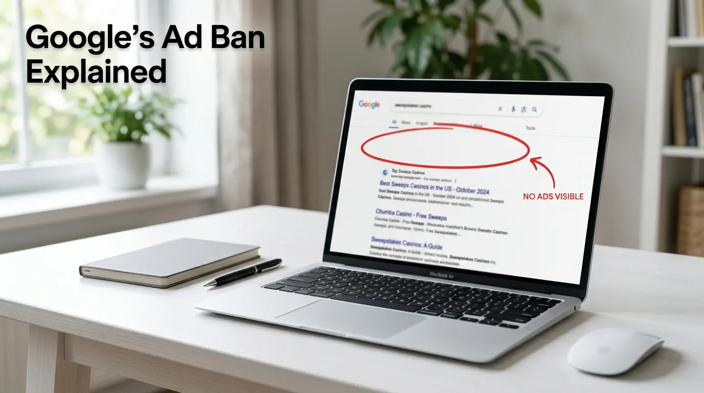 Laptop showing a Google search results page with no sweepstakes casino ads visible