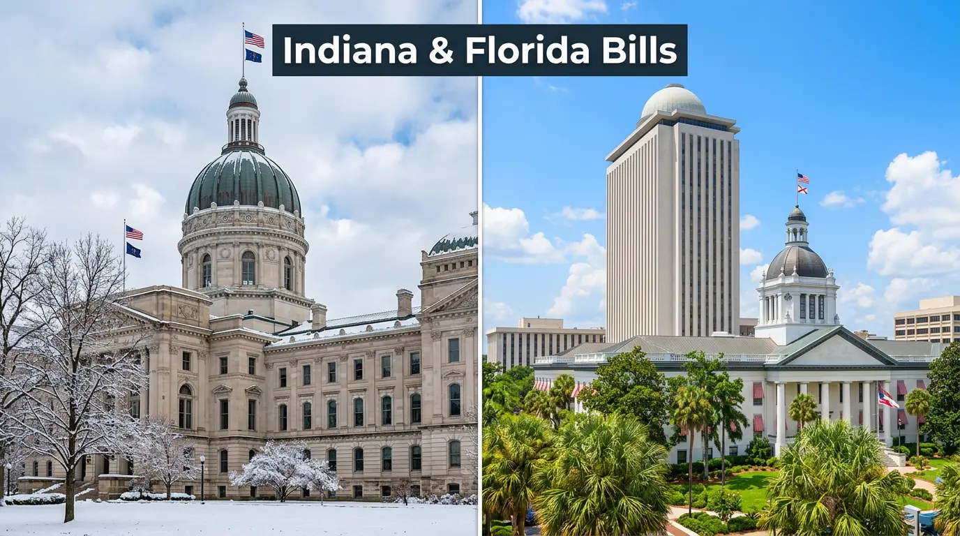 Split view of the Indiana Statehouse and Florida State Capitol representing pending sweepstakes casino bills