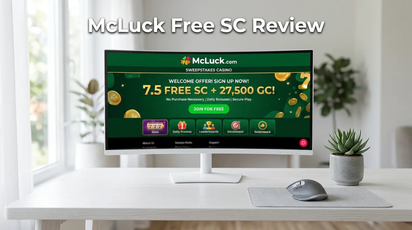 McLuck casino bonus page on a desktop monitor showing free sweeps coins offer