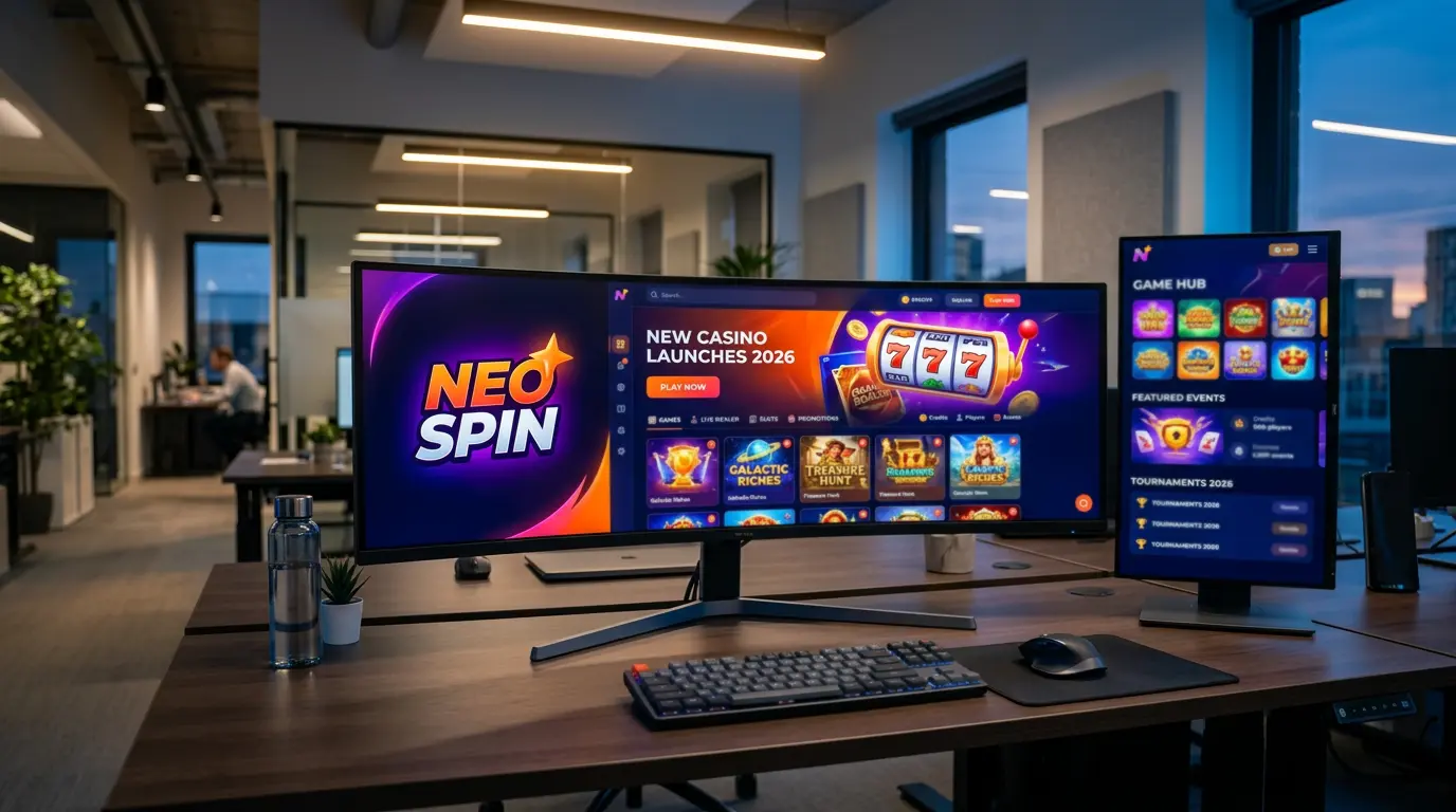 Modern office with multiple screens showing new sweepstakes casino platforms launching in 2026