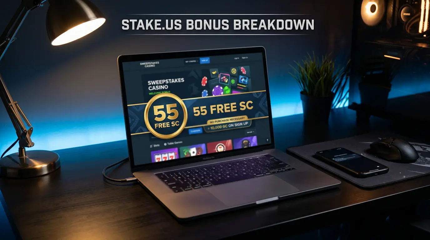 Stake.us sweepstakes casino bonus offer displayed on a laptop screen