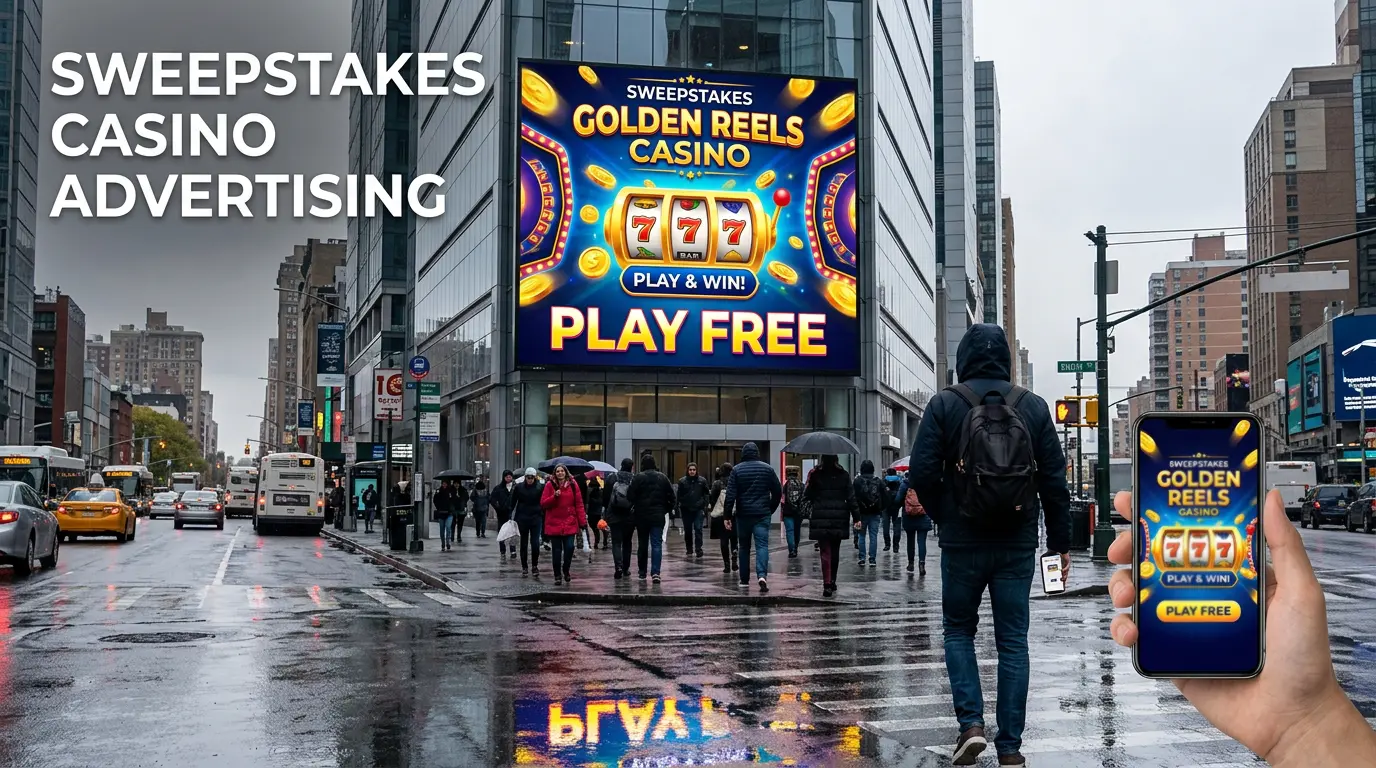 Billboard and smartphone showing sweepstakes casino advertisements in a city street