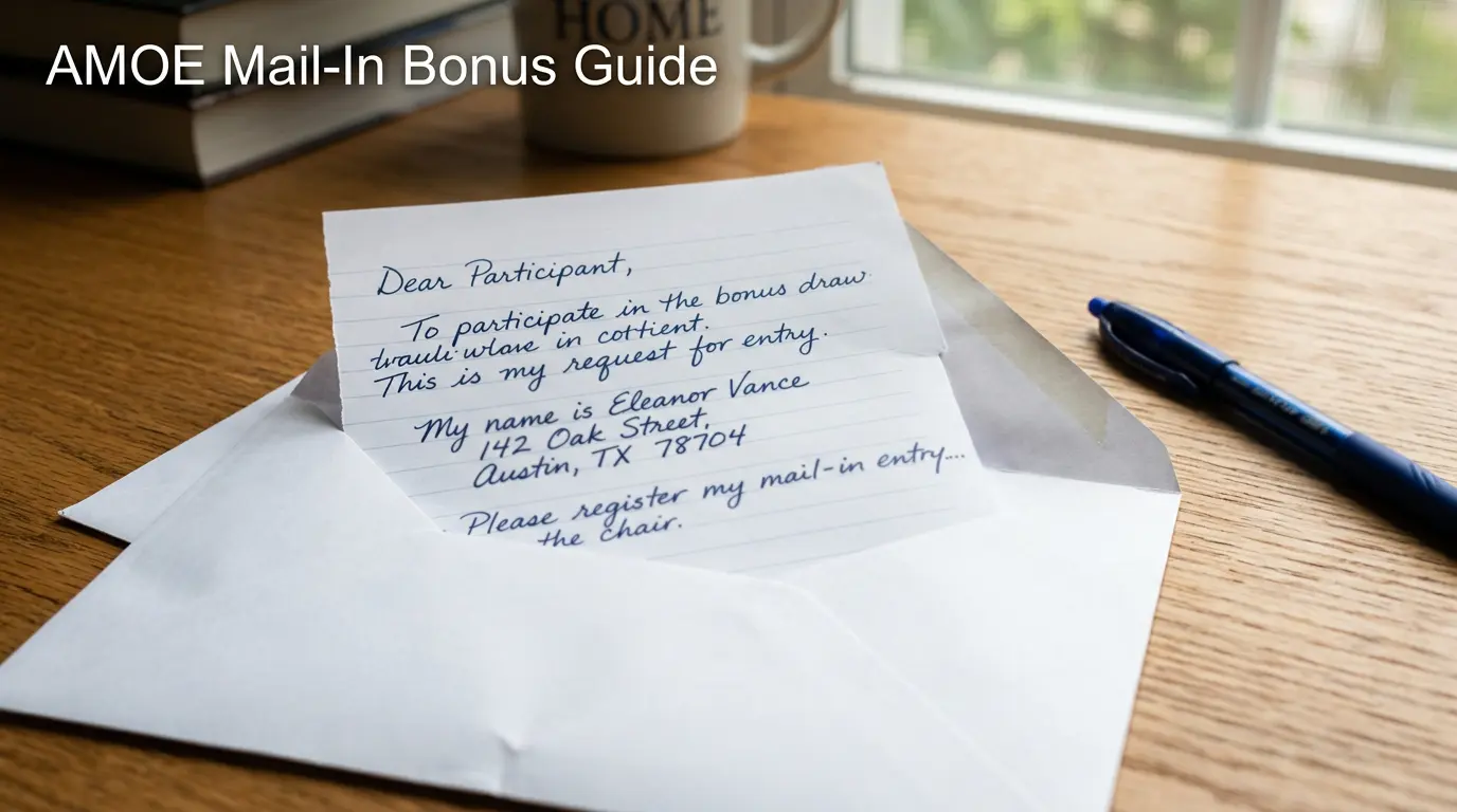 Handwritten letter requesting free sweeps coins placed in an open envelope on a desk