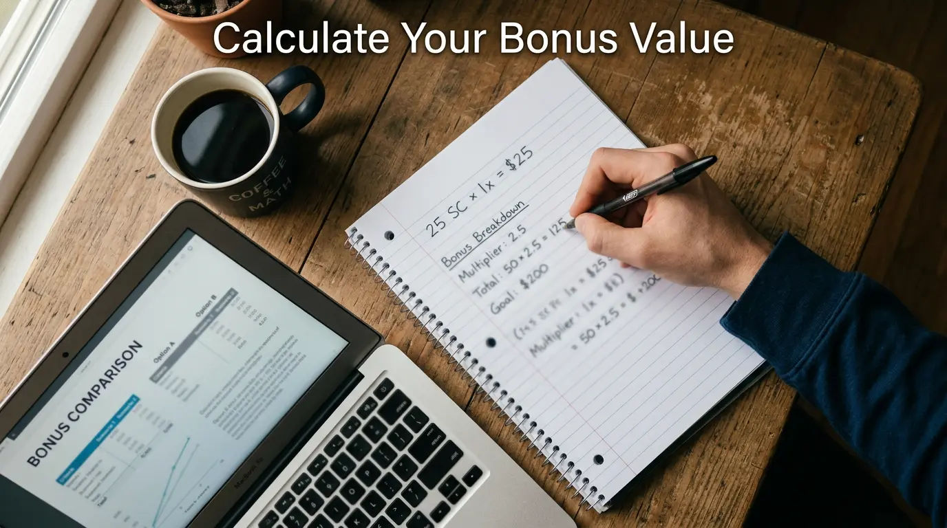 Person writing bonus value calculations in a notebook with a laptop open nearby