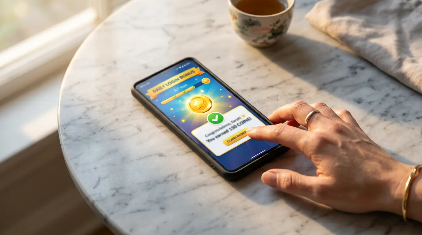 Smartphone showing a sweepstakes casino daily login reward screen on a table