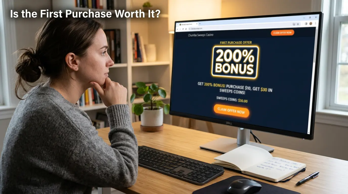 Person reviewing a first-purchase bonus offer on a sweepstakes casino platform on a monitor
