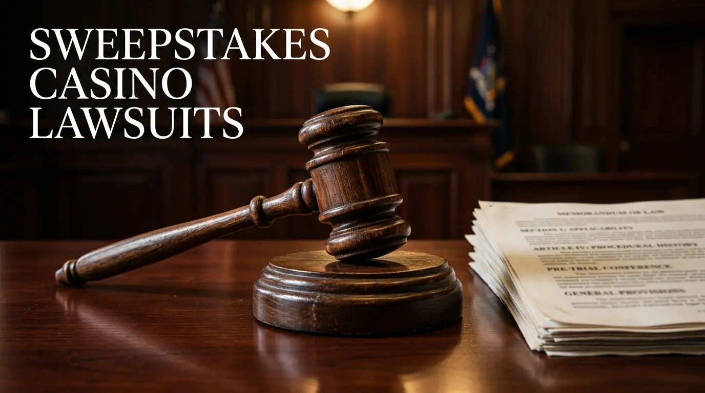 Gavel and legal documents on a courtroom desk representing sweepstakes casino lawsuits