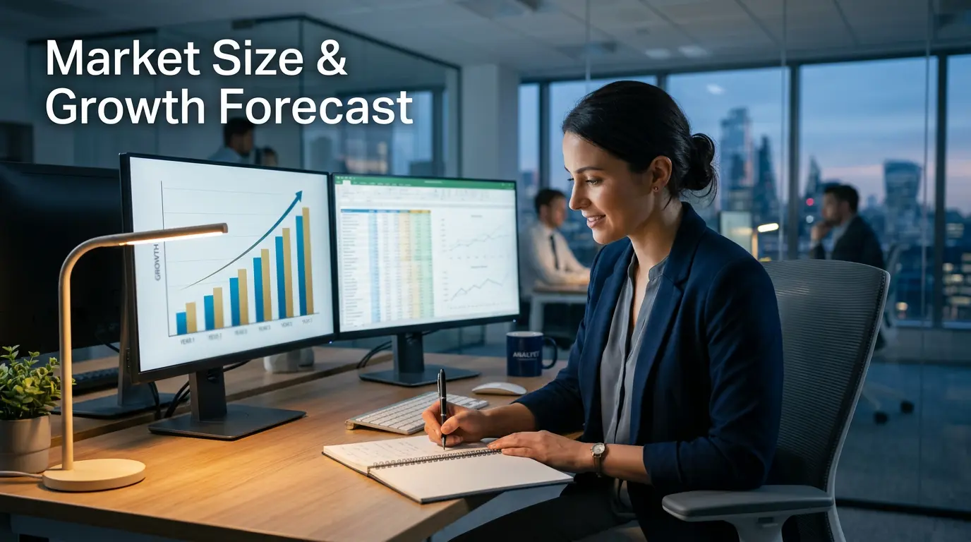 Analyst reviewing sweepstakes casino industry growth data on a monitor in a modern office