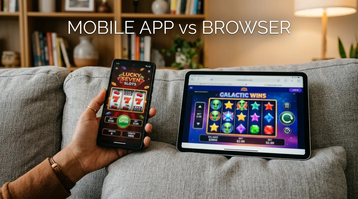 Smartphone and tablet showing sweepstakes casino games side by side on a couch