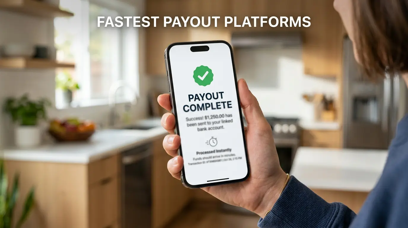 Smartphone showing a completed sweepstakes casino payout notification with a fast processing badge