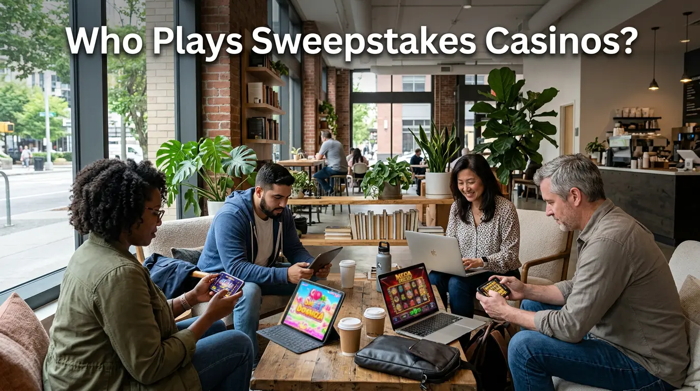 Diverse group of people using smartphones and laptops representing sweepstakes casino players