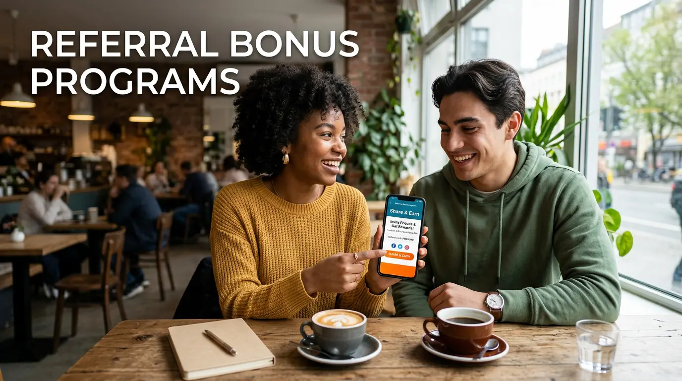 Two friends looking at a smartphone sharing a sweepstakes casino referral link