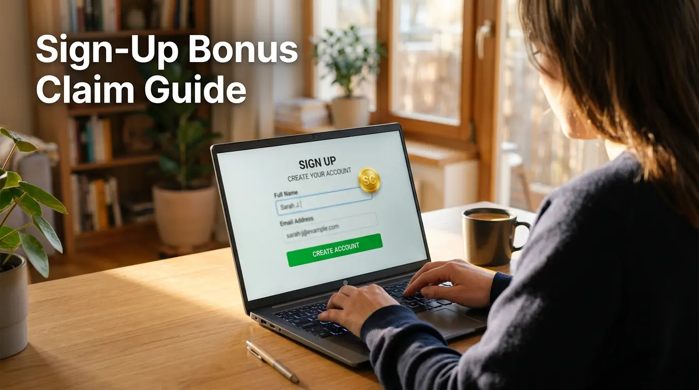 Person completing a sweepstakes casino registration form on a laptop to claim a sign-up bonus