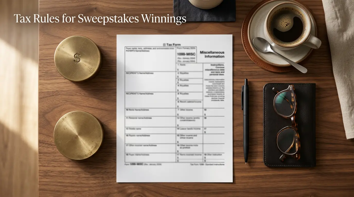 Tax documents and a pen on a desk with a 1099-MISC form for sweepstakes casino winnings