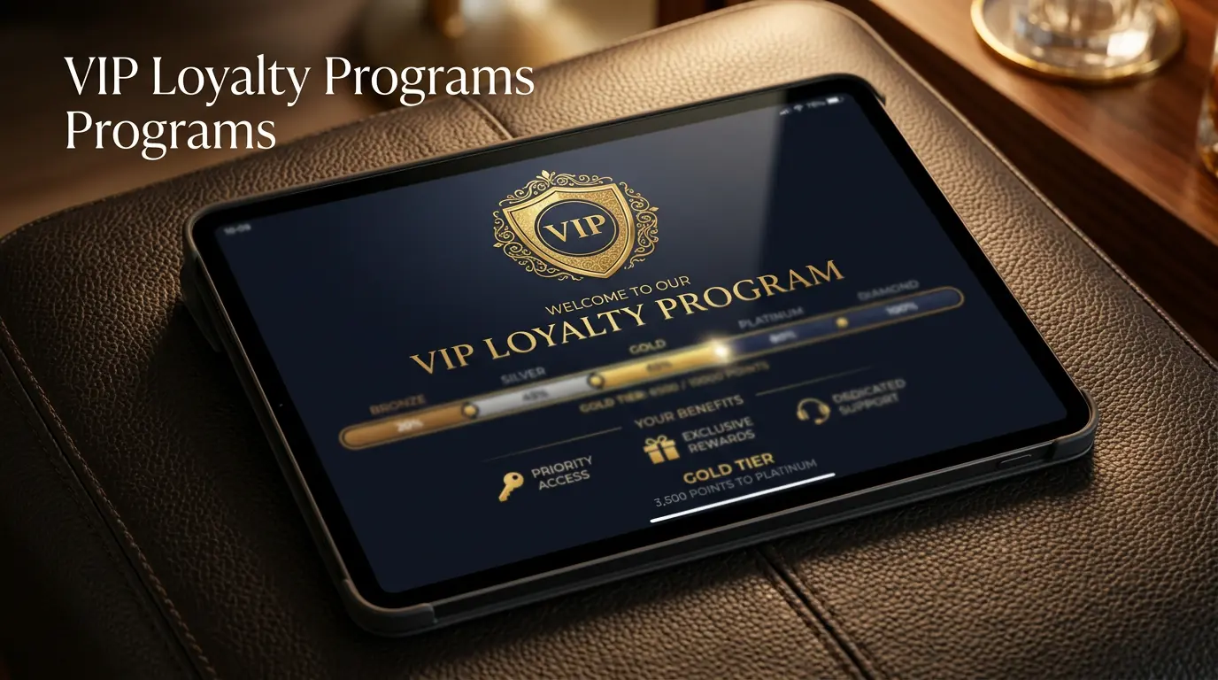 Golden VIP badge and tier progress bar on a sweepstakes casino loyalty page
